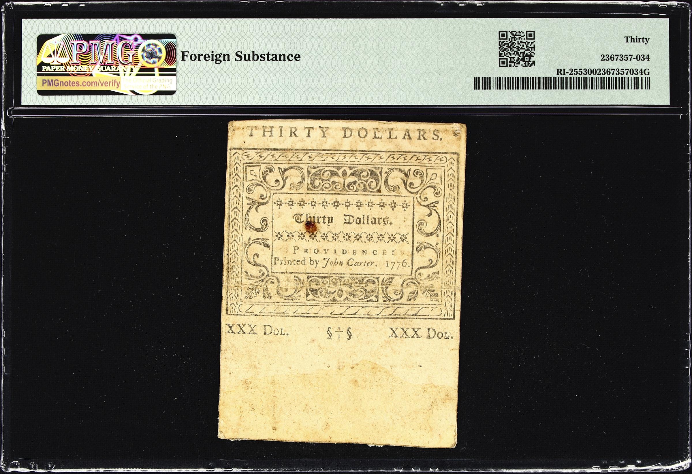 image for: RI-255. Rhode Island. September 5, 1776. $30. PMG Very Fine 30.