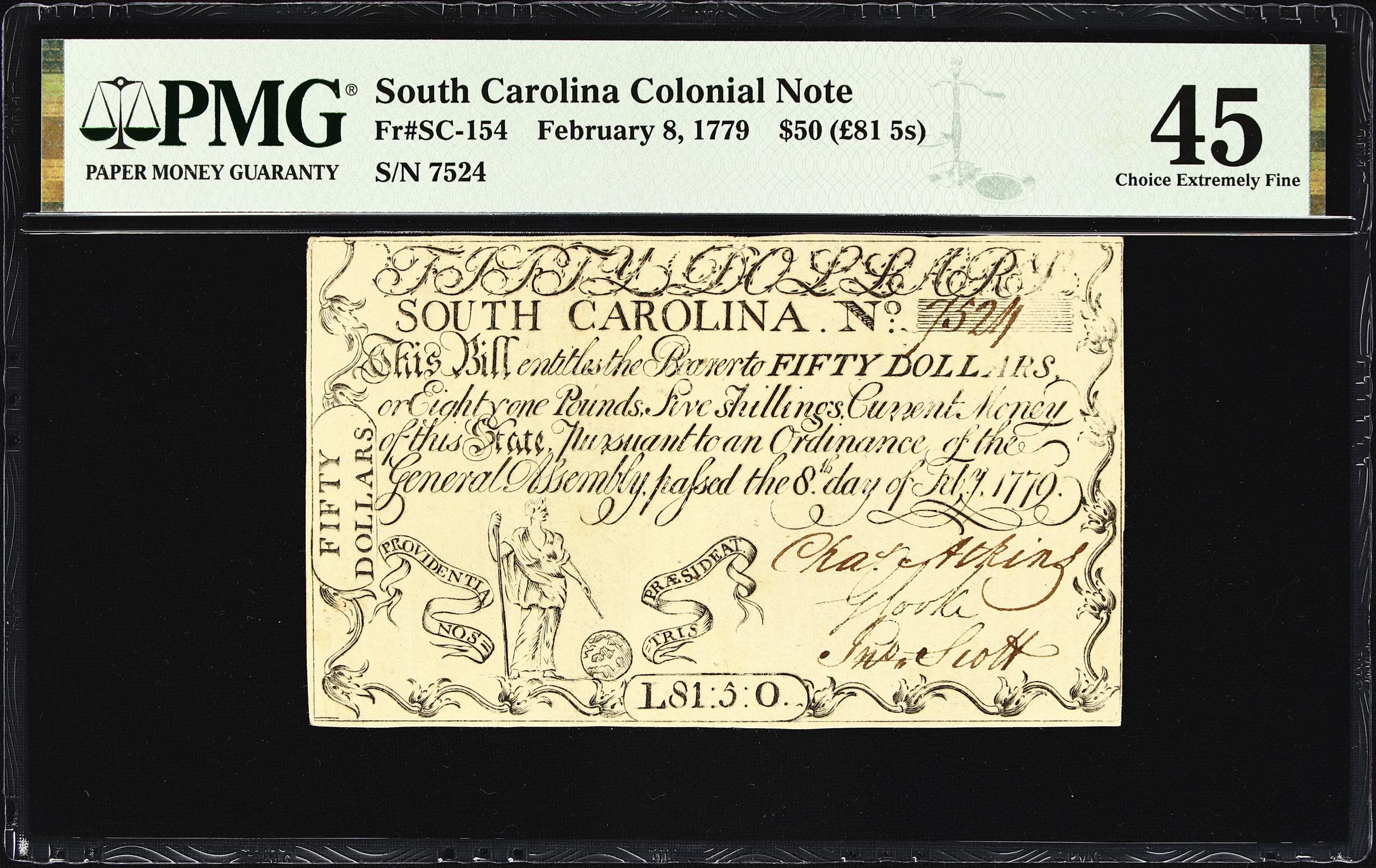 image for: SC-154. South Carolina. February 8, 1779. $50 (85 Pounds, 5 Shillings). PMG Choice Extremely Fine 45.