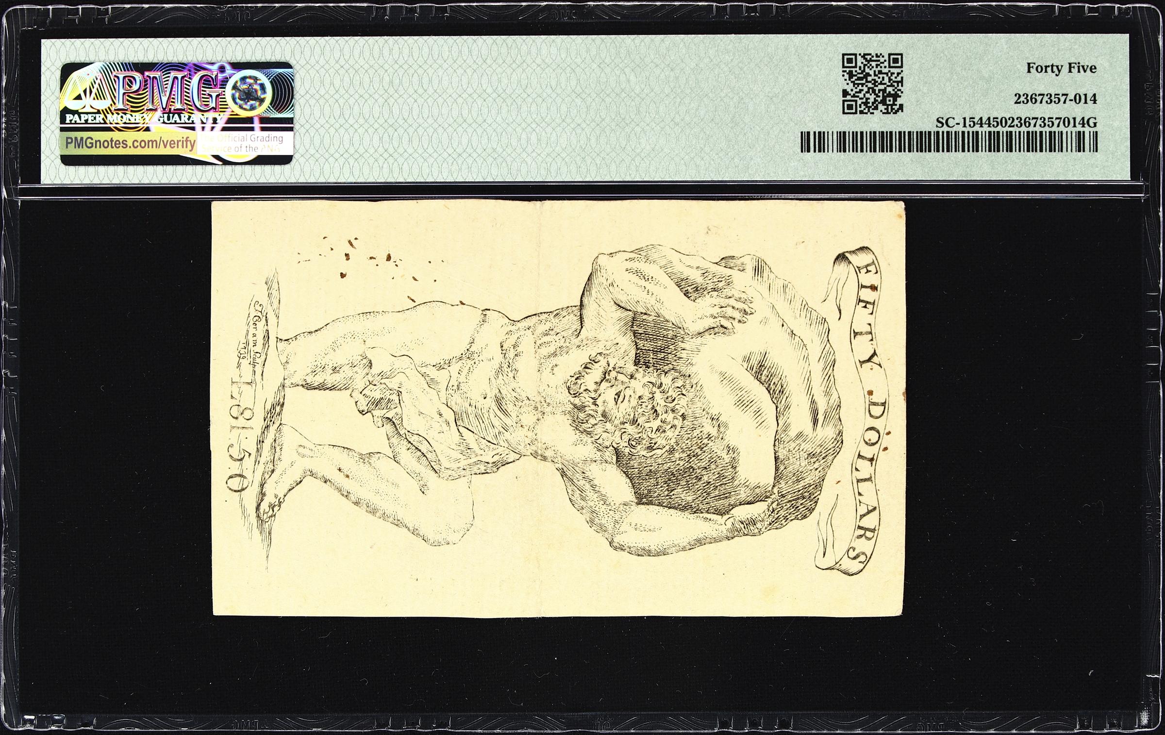 image for: SC-154. South Carolina. February 8, 1779. $50 (85 Pounds, 5 Shillings). PMG Choice Extremely Fine 45.