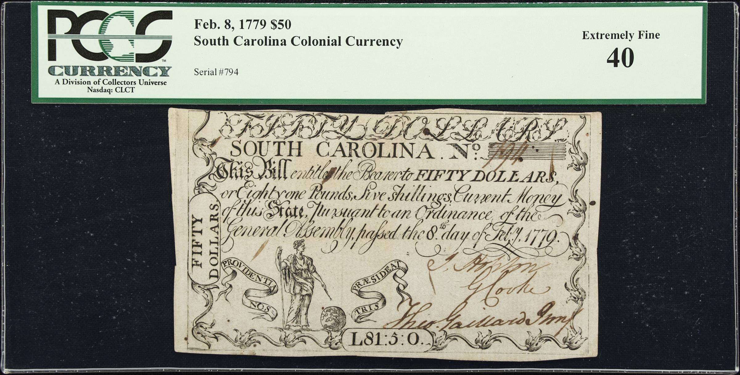image for: SC-154. South Carolina. February 8, 1779. $50. PCGS Currency Extremely Fine 40.
