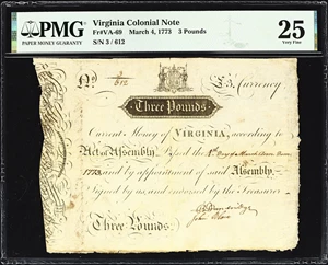 image for: VA-69. Virginia. March 4, 1773. 3 Pounds. PMG Very Fine 25.