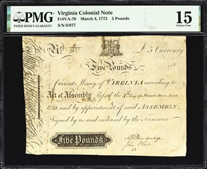 image for: VA-70. Virginia. March 4, 1773. 5 Pounds. PMG Choice Fine 15.