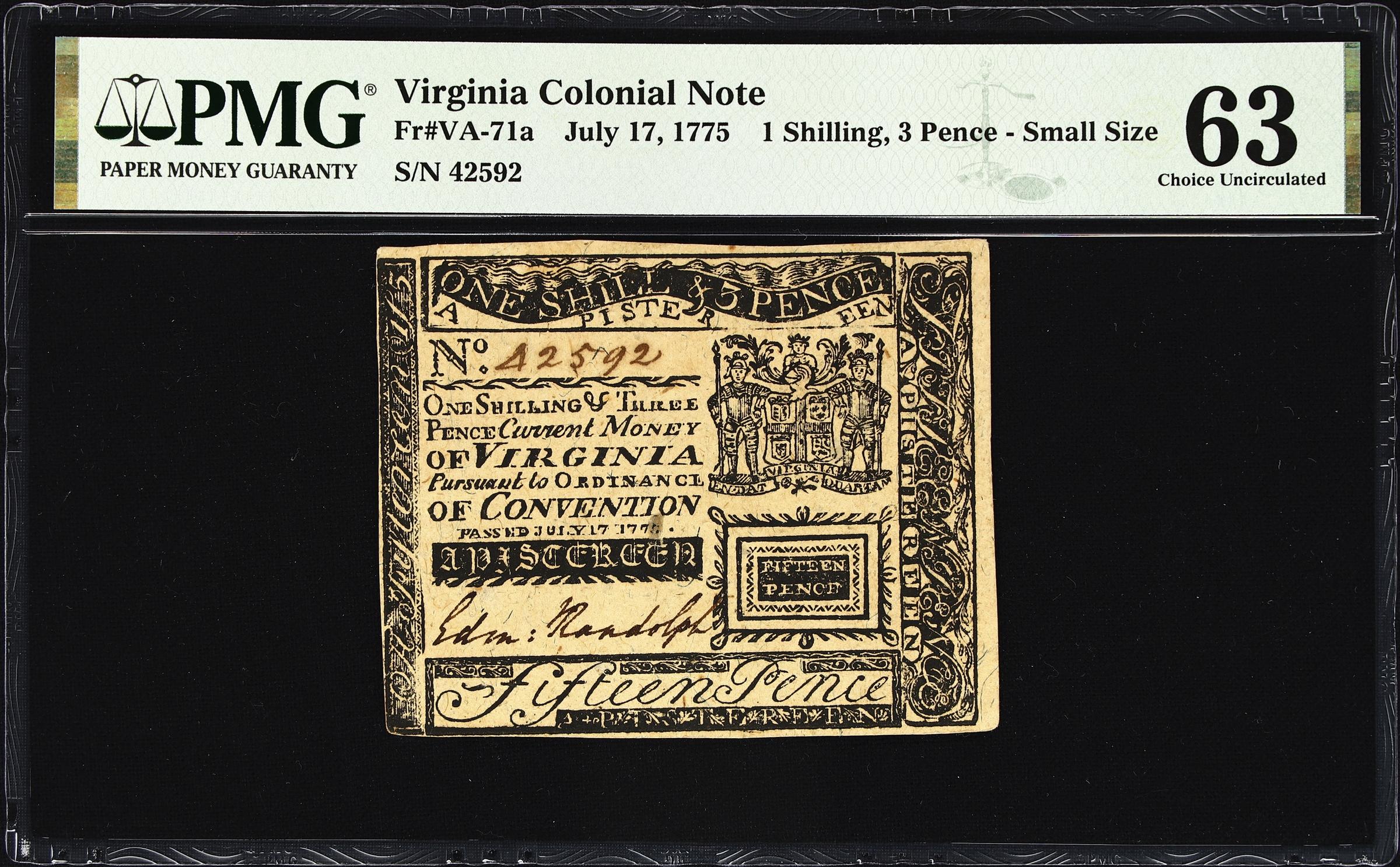 image for: VA-71a. Virginia. July 17, 1775. 1 Shilling, 3 Pence. PMG Choice Uncirculated 63.