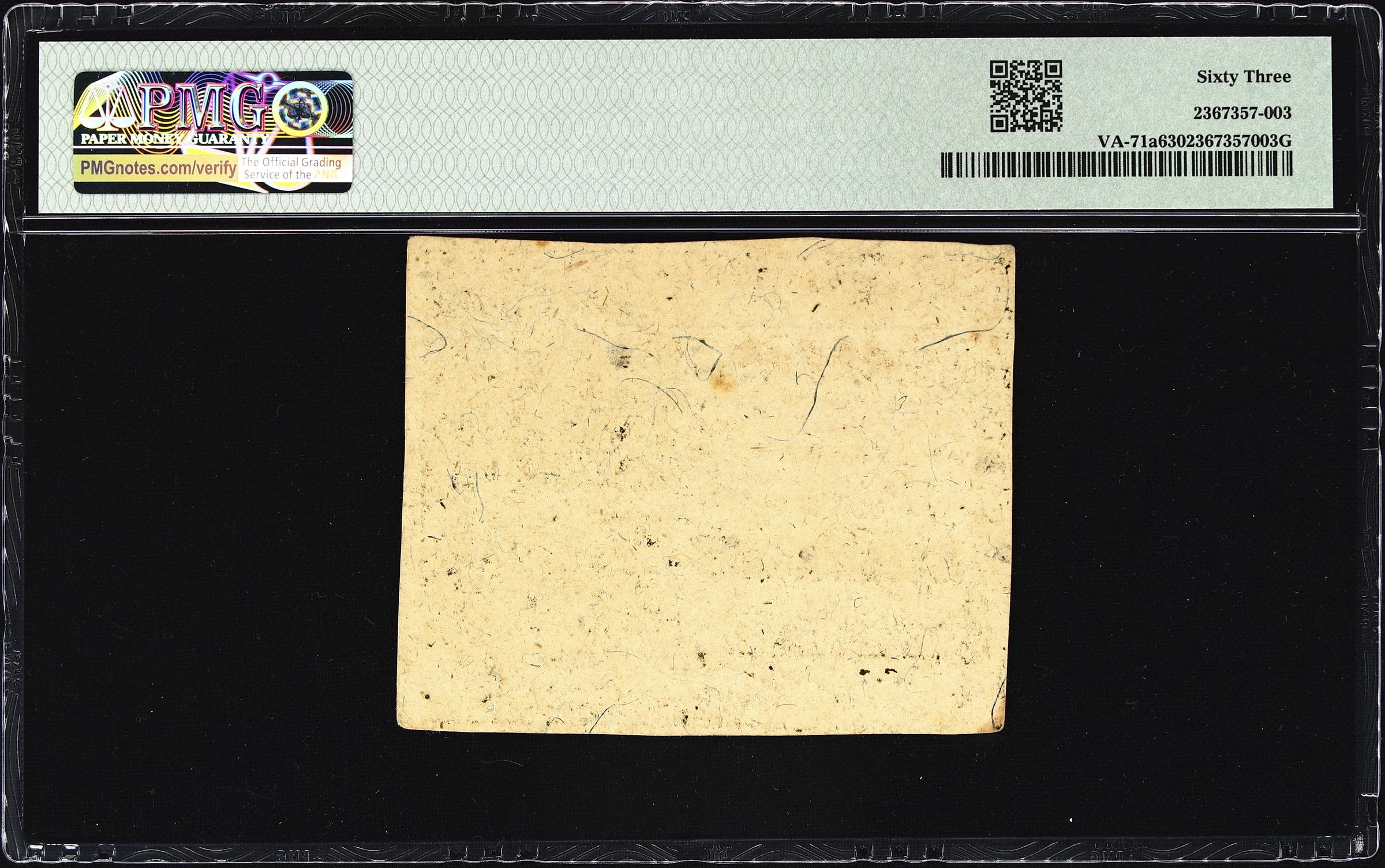 image for: VA-71a. Virginia. July 17, 1775. 1 Shilling, 3 Pence. PMG Choice Uncirculated 63.