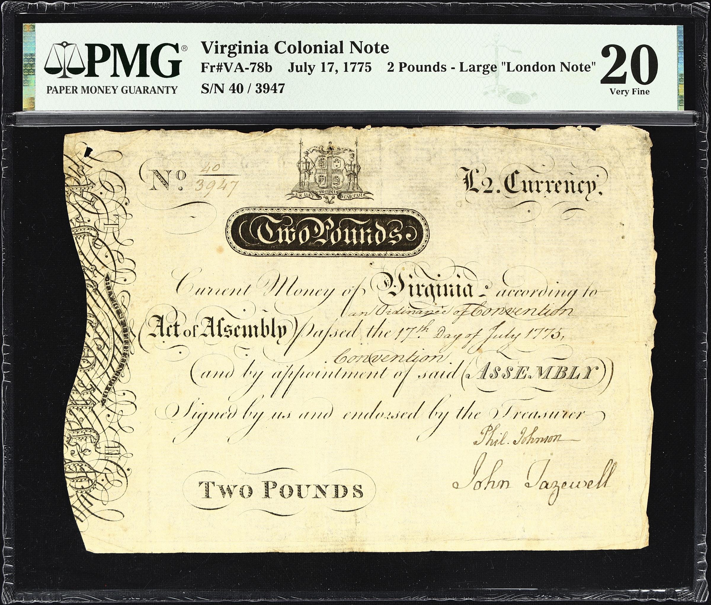 image for: VA-78b. Virginia. July 17, 1775. 2 Pounds. PMG Very Fine 20.