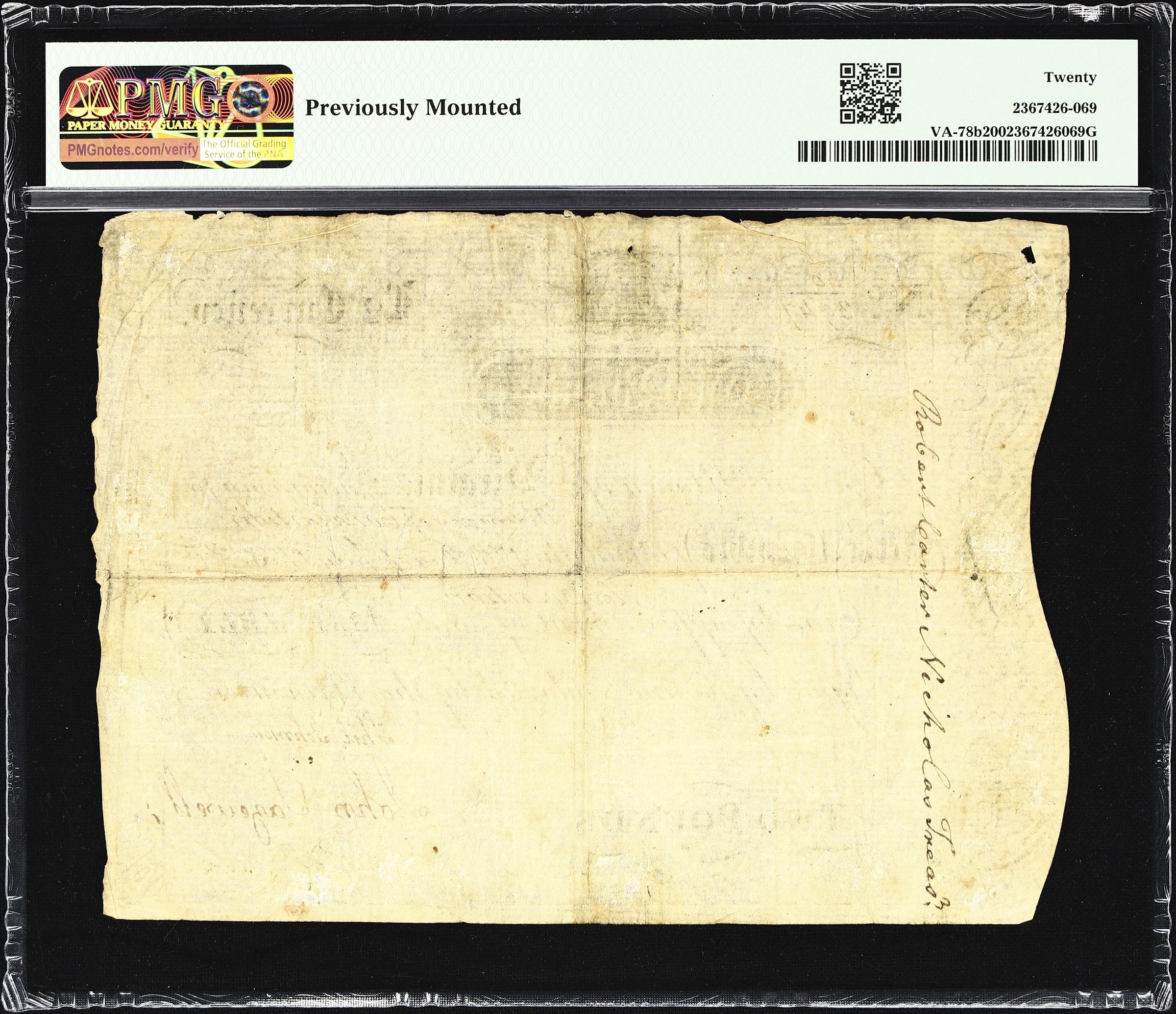 image for: VA-78b. Virginia. July 17, 1775. 2 Pounds. PMG Very Fine 20.
