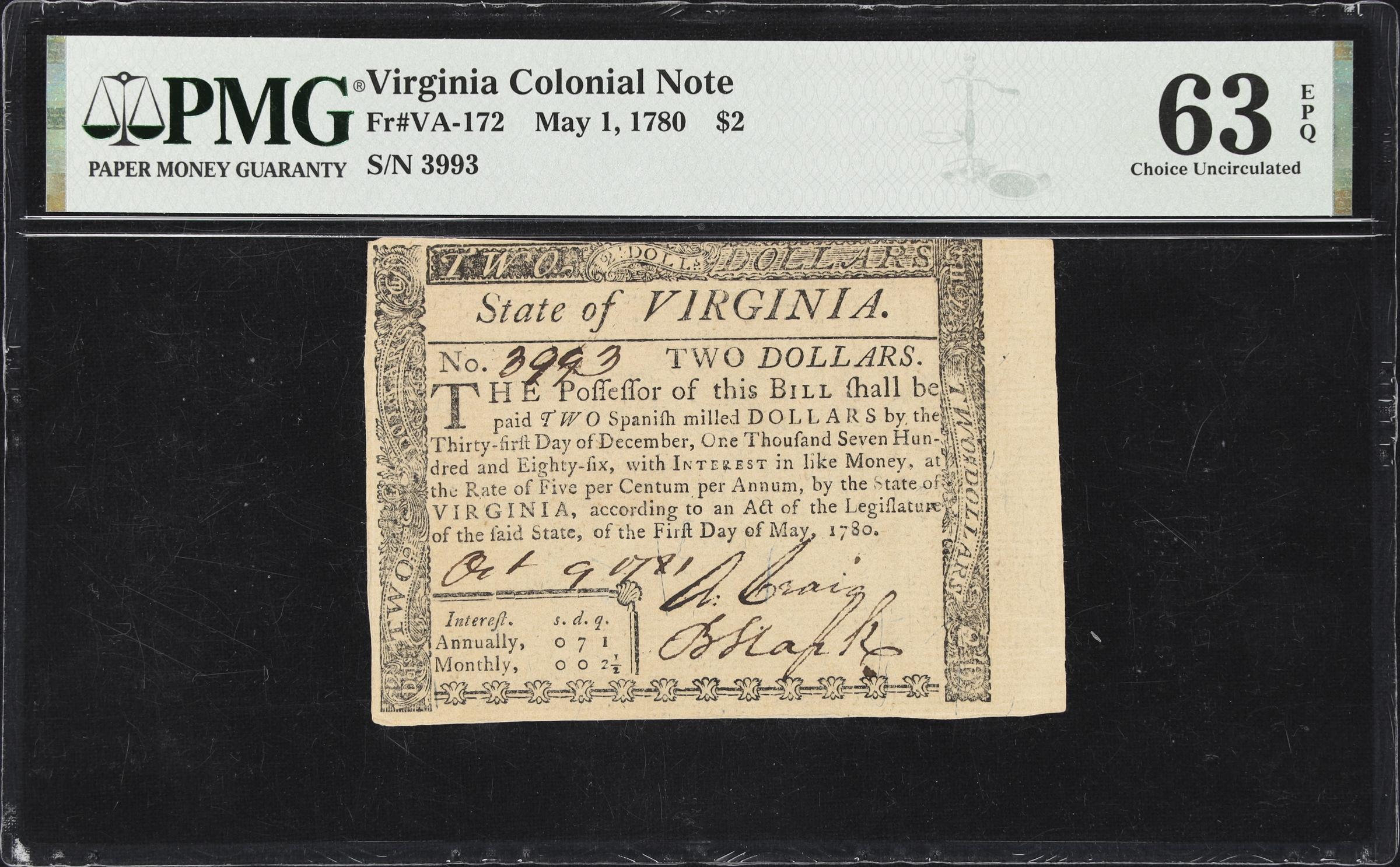 image for: VA-172. Virginia. May 1, 1780. $2. PMG Choice Uncirculated 63 EPQ.
