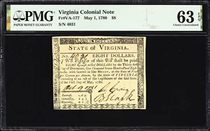 image for: VA-177. Virginia. May 1, 1780. $8. PMG Choice Uncirculated 63 EPQ.