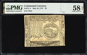 image for: CC-4. Continental Currency. May 10, 1775. $4. PMG Choice About Uncirculated 58 EPQ.