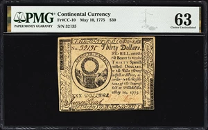 image for: CC-10. Continental Currency. May 10, 1775. $30. PMG Choice Uncirculated 63.