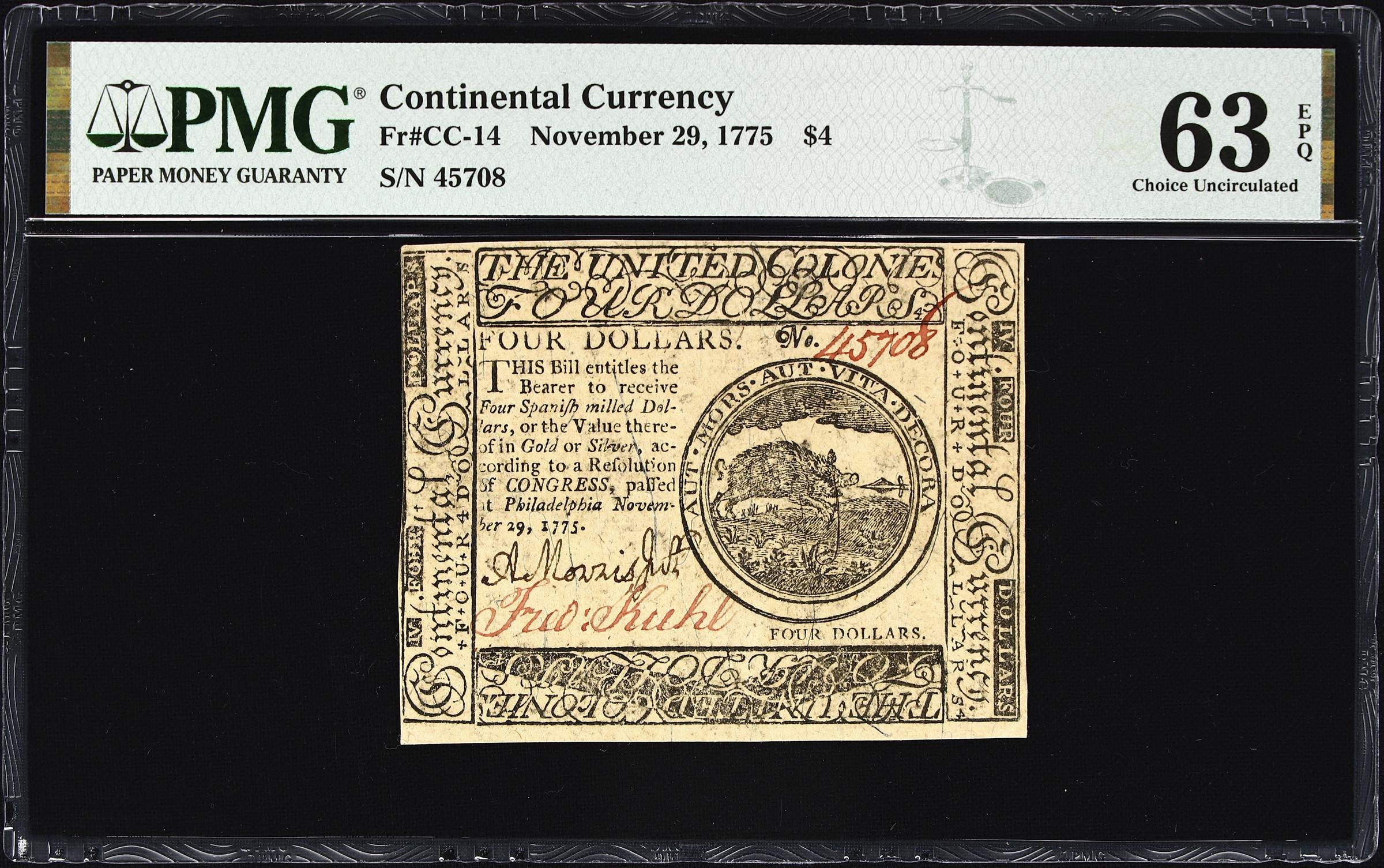image for: CC-14. Continental Currency. November 29, 1775. $4. PMG Choice Uncirculated 63 EPQ.