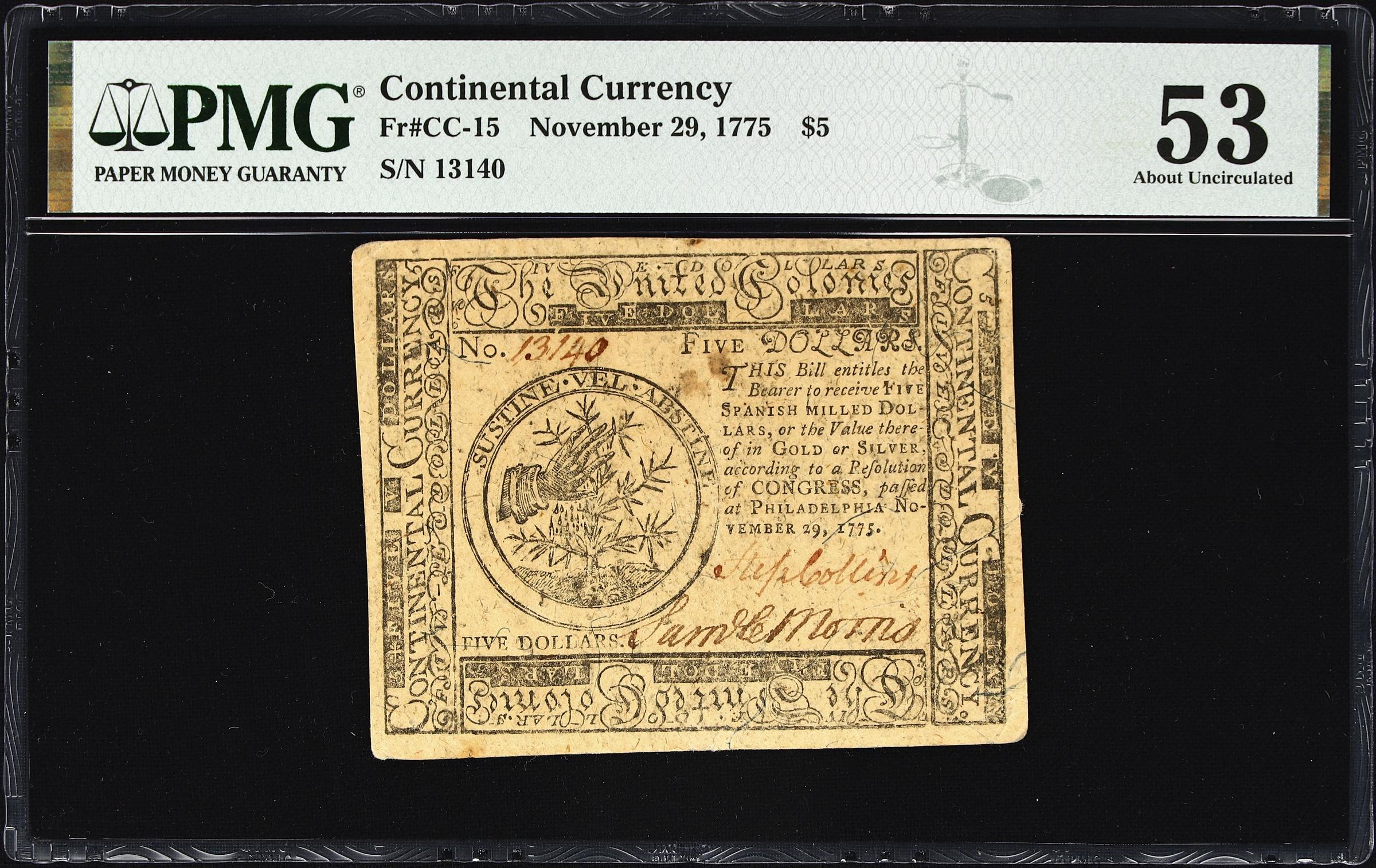 image for: CC-15. Continental Currency. November 29, 1775. $5. PMG About Uncirculated 53.