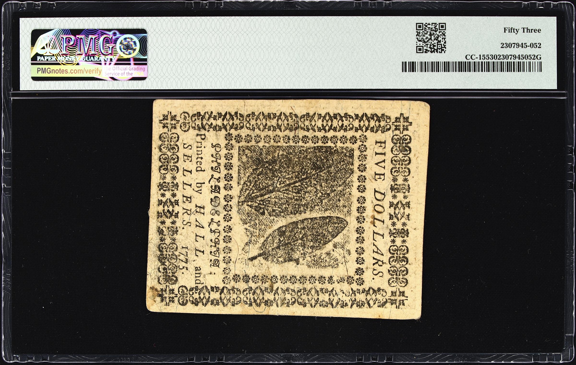 image for: CC-15. Continental Currency. November 29, 1775. $5. PMG About Uncirculated 53.