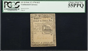 image for: CC-21. Continental Currency. February 17, 1776. $1/2. PCGS Currency Choice About New 55 PPQ.