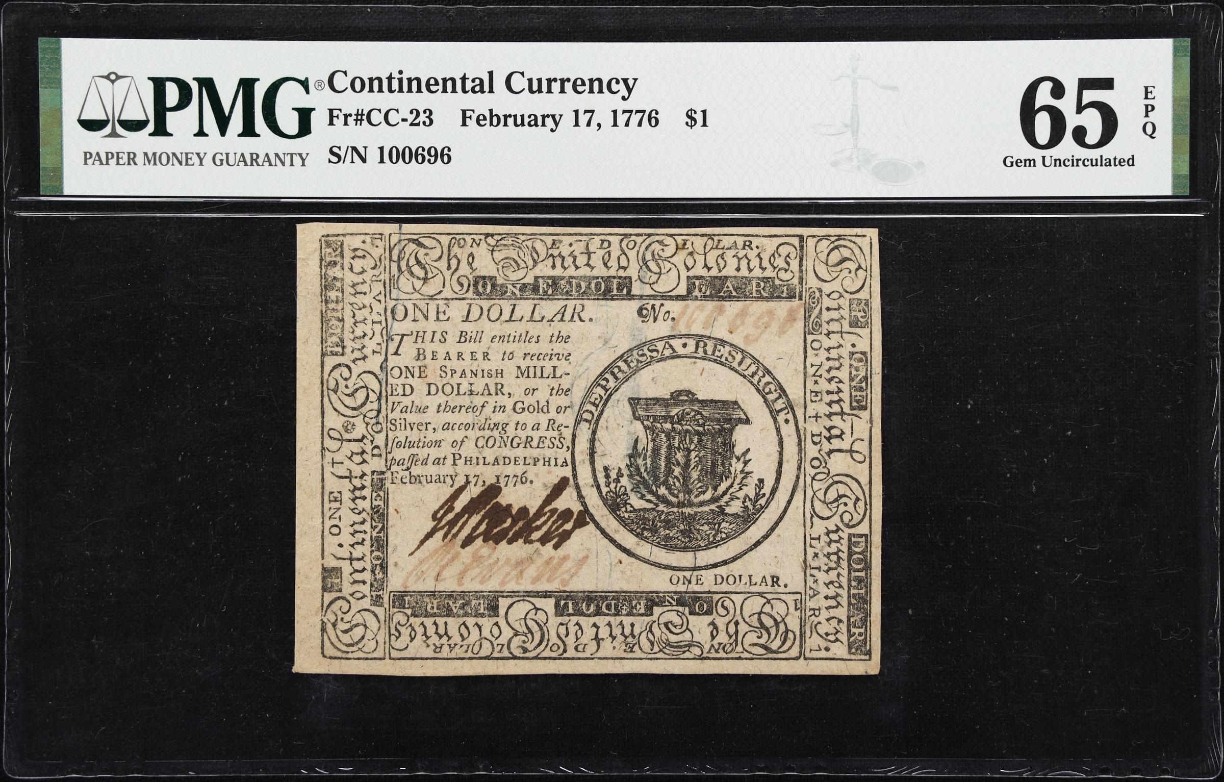 image for: CC-23. Continental Currency. February 17, 1776. $1. PMG Gem Uncirculated 65 EPQ.