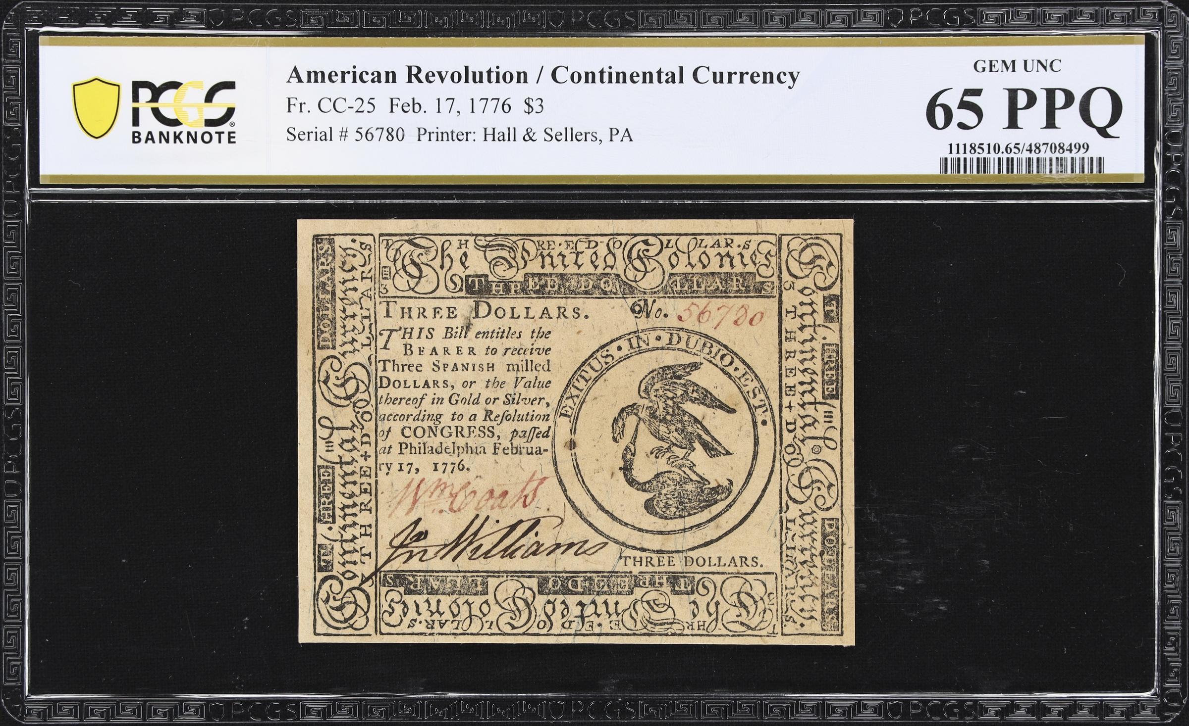 image for: CC-25. Continental Currency. February 17, 1776. $3. PCGS Banknote Gem Uncirculated 65 PPQ.