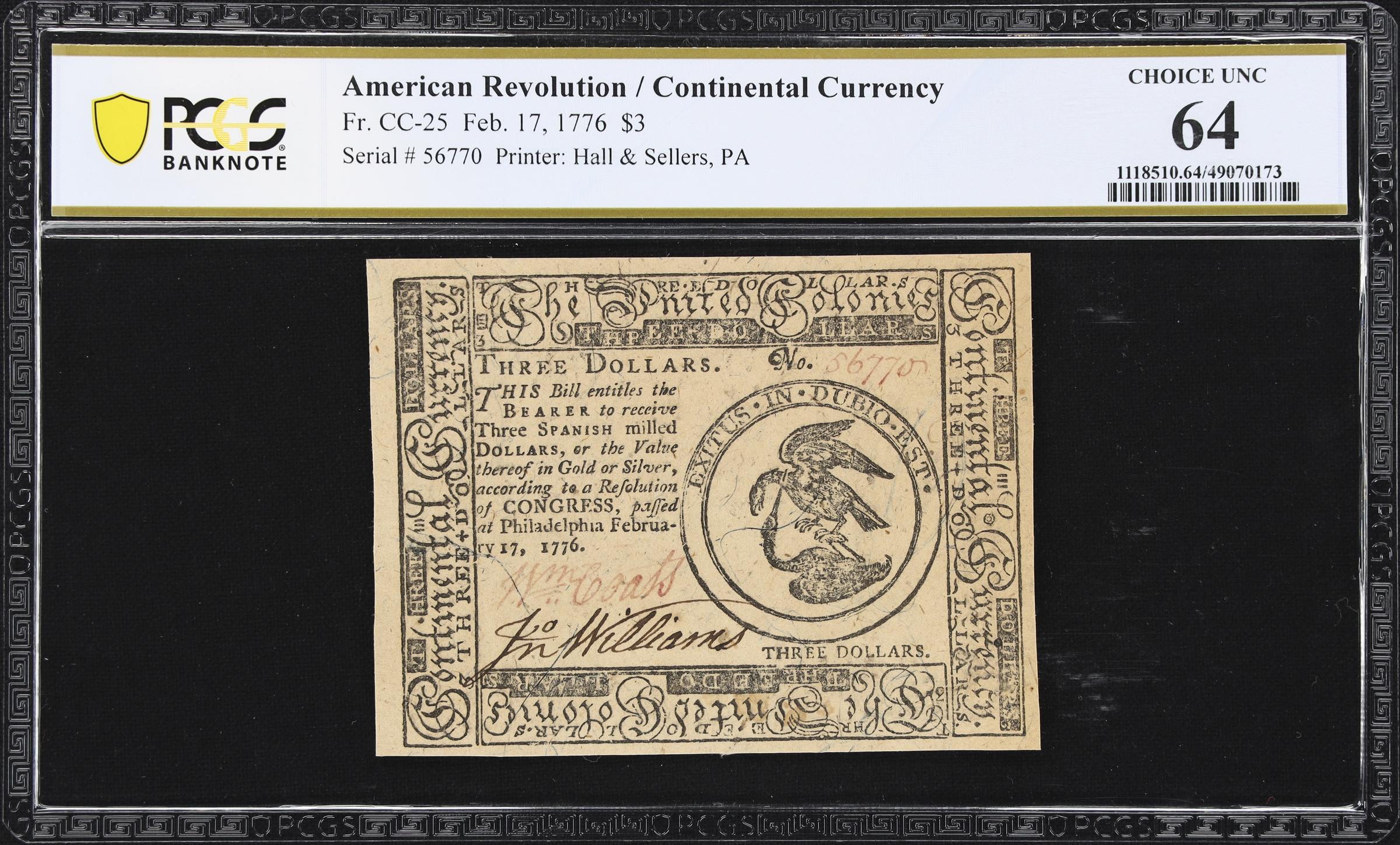 image for: CC-25. Continental Currency. February 17, 1776. $3. PCGS Banknote Choice Uncirculated 64.