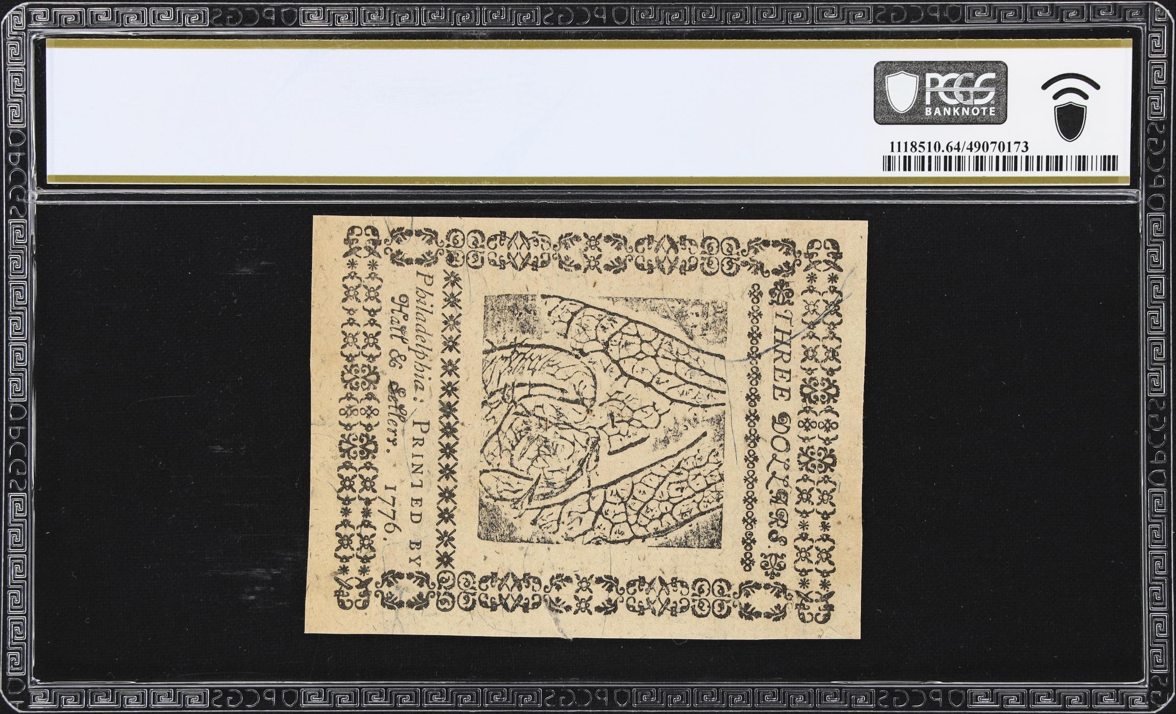 image for: CC-25. Continental Currency. February 17, 1776. $3. PCGS Banknote Choice Uncirculated 64.