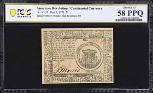 image for: CC-31. Continental Currency. May 9, 1776. $1. PCGS Banknote Choice About Uncirculated 58 PPQ.