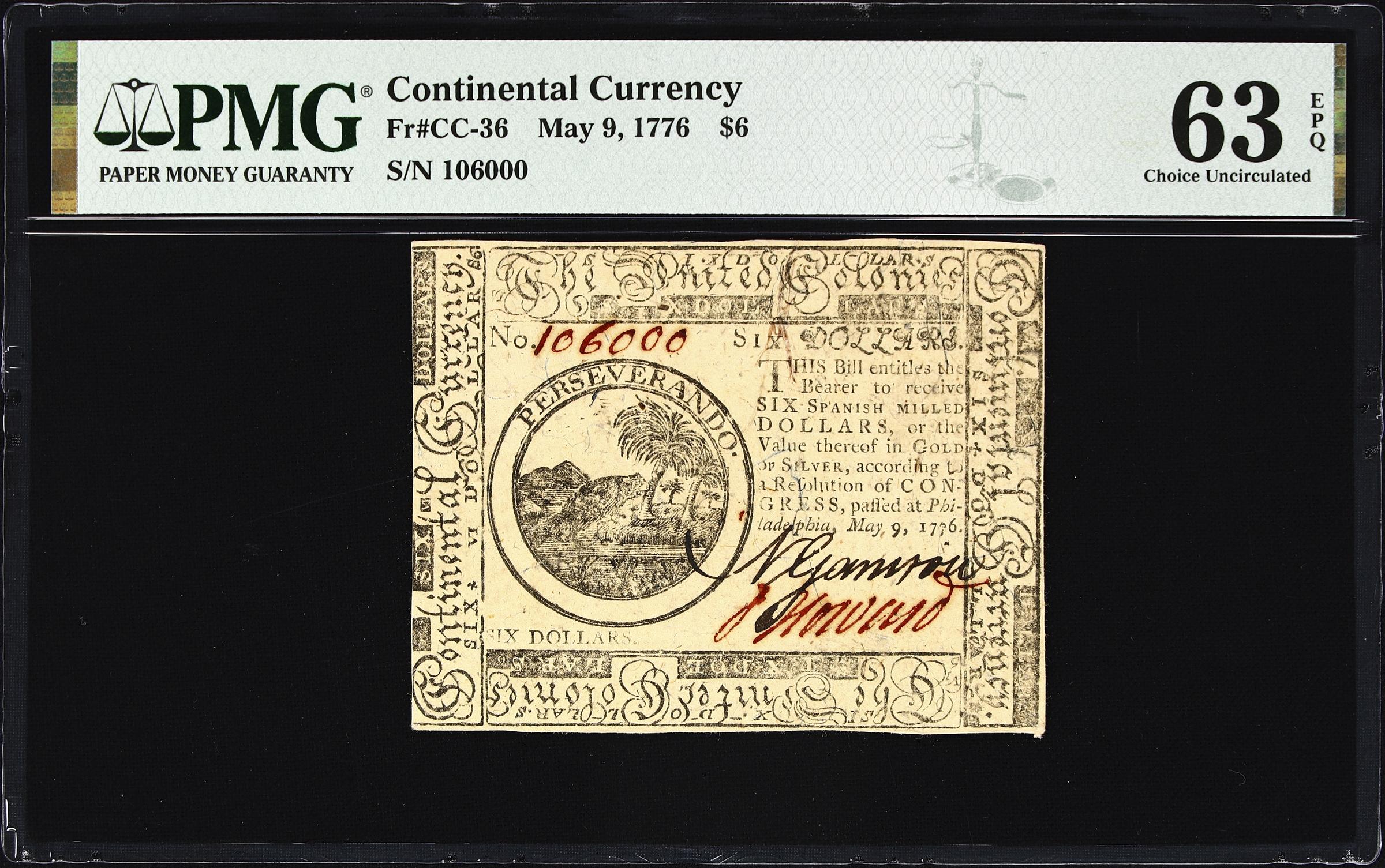 image for: CC-36. Continental Currency. May 9, 1776. $6. PMG Choice Uncirculated 63 EPQ.