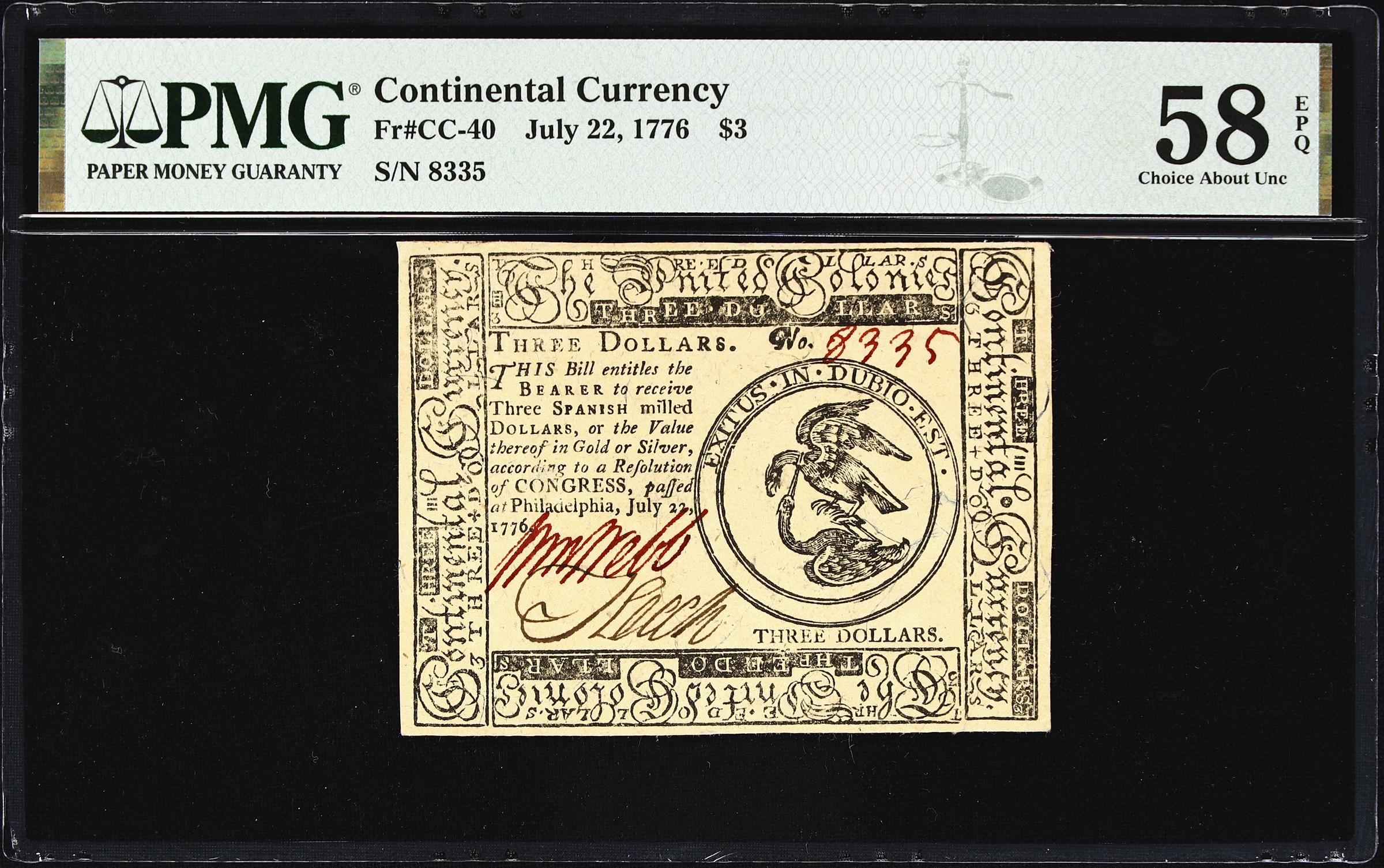 image for: CC-40. Continental Currency. July 22, 1776. $3. PMG Choice About Uncirculated 58 EPQ.
