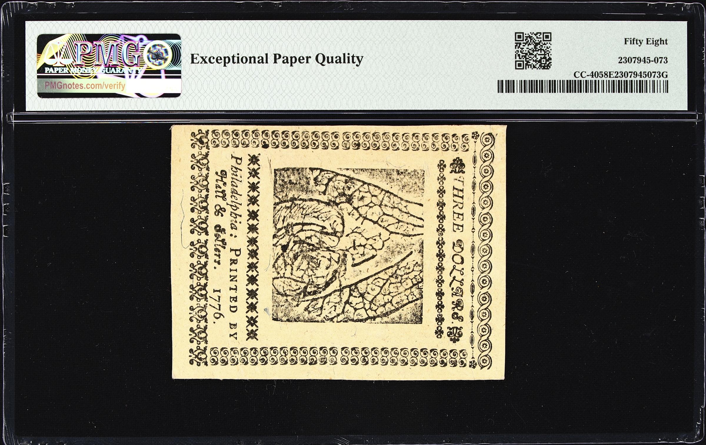 image for: CC-40. Continental Currency. July 22, 1776. $3. PMG Choice About Uncirculated 58 EPQ.