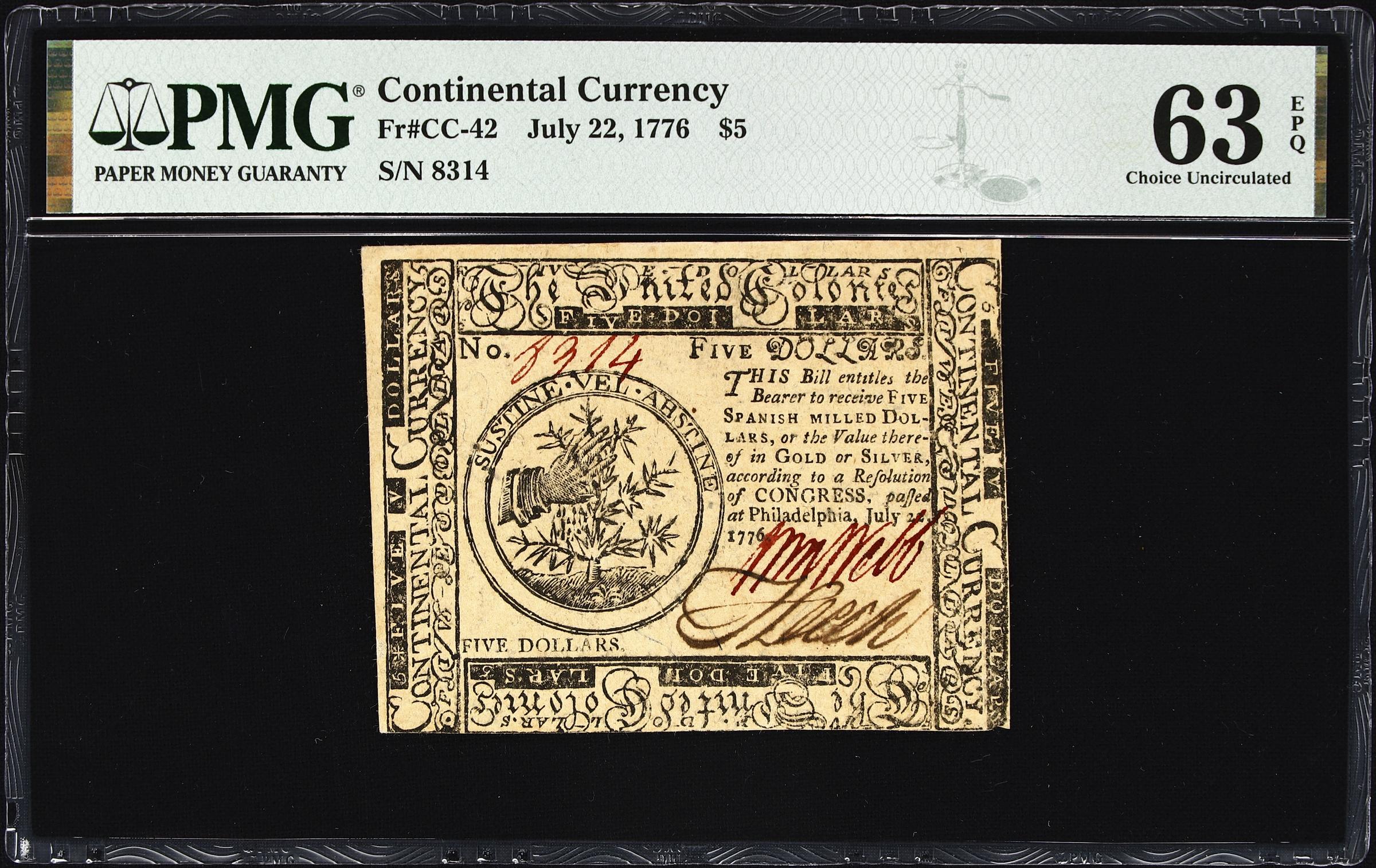 image for: CC-42. Continental Currency. July 22, 1776. $5. PMG Choice Uncirculated 63 EPQ.
