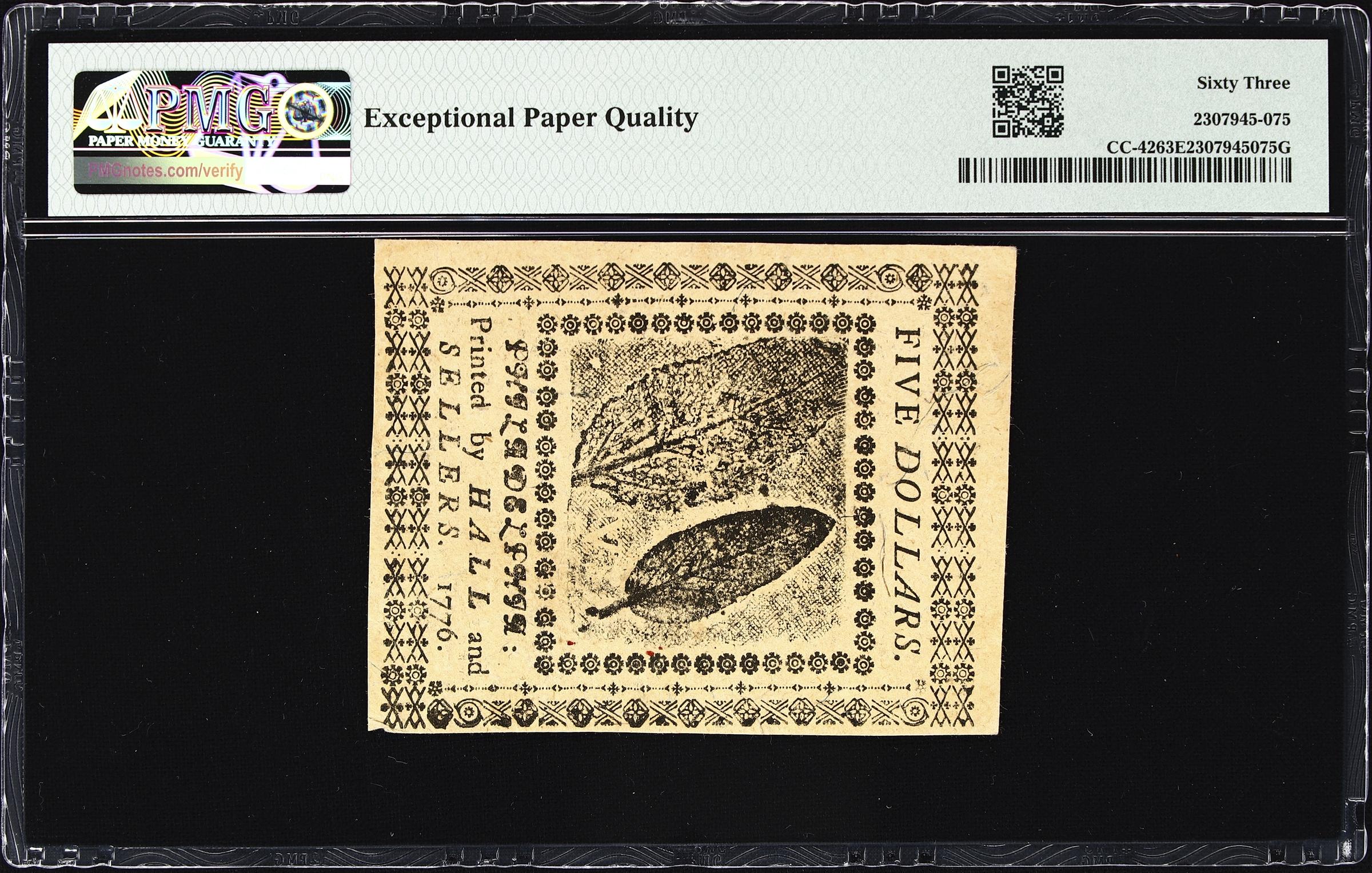 image for: CC-42. Continental Currency. July 22, 1776. $5. PMG Choice Uncirculated 63 EPQ.