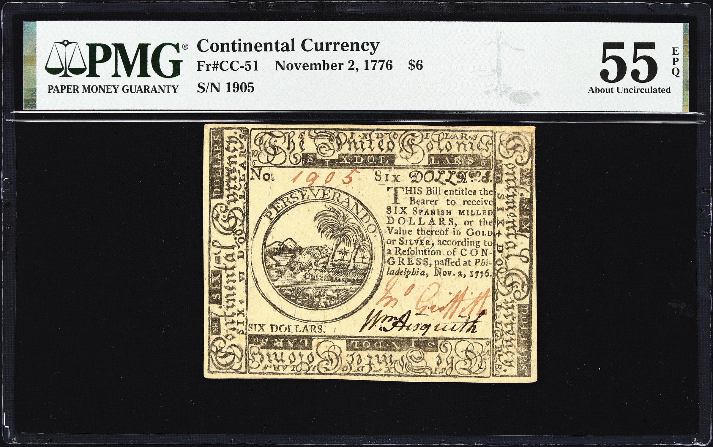 image for: CC-51. Continental Currency. November 2, 1776. $6. PMG About Uncirculated 55 EPQ.
