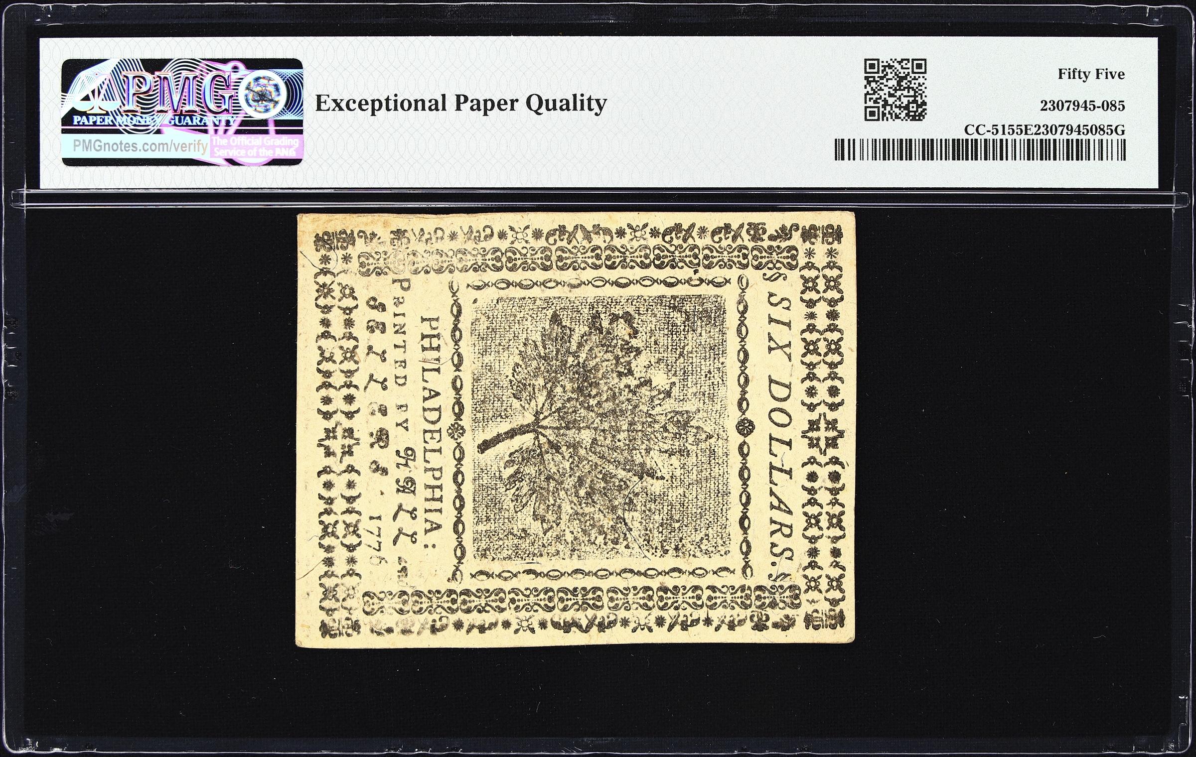 image for: CC-51. Continental Currency. November 2, 1776. $6. PMG About Uncirculated 55 EPQ.