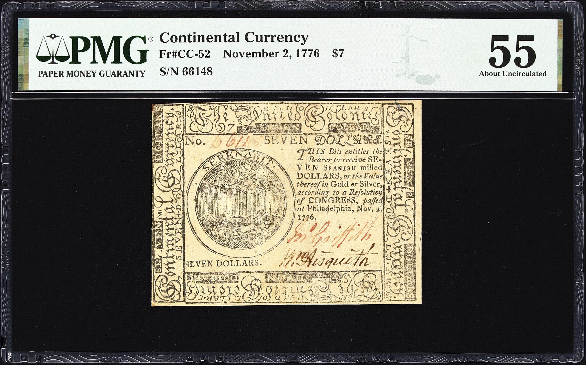 image for: CC-52. Continental Currency. November 2, 1776. $7. PMG About Uncirculated 55.