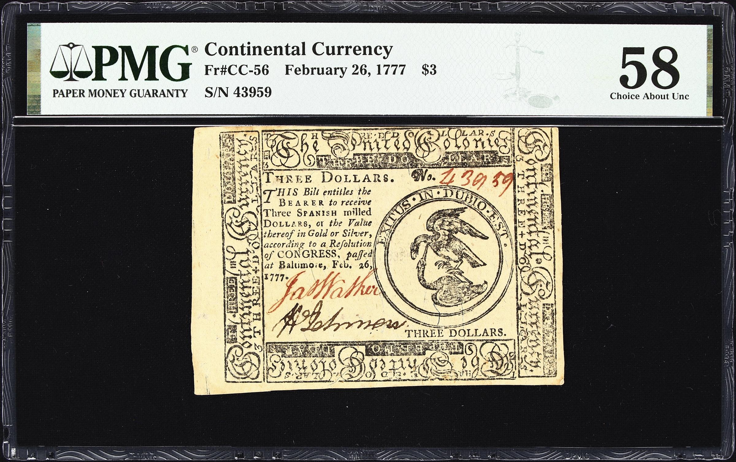 image for: CC-56. Continental Currency. February 26, 1777. $3. PMG Choice About Uncirculated 58.