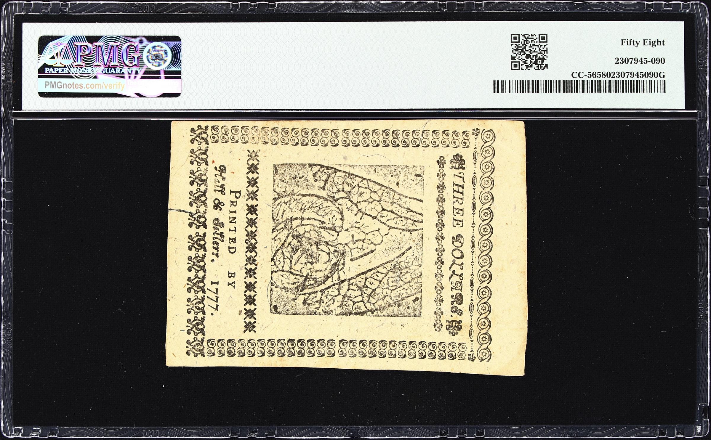 image for: CC-56. Continental Currency. February 26, 1777. $3. PMG Choice About Uncirculated 58.