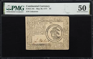 image for: CC-64. Continental Currency. May 20, 1777. $3. PMG About Uncirculated 50.