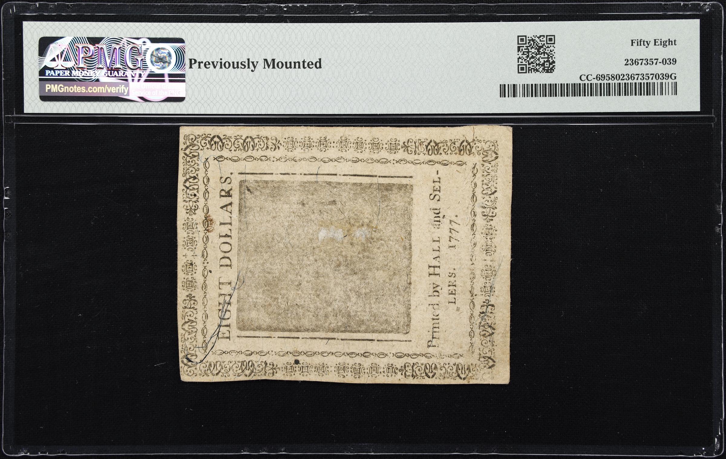 image for: CC-69. Continental Currency. May 20, 1777. $8. PMG Choice About Uncirculated 58.