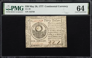 image for: CC-70. Continental Currency. May 20, 1777. $30. PMG Choice Uncirculated 64.