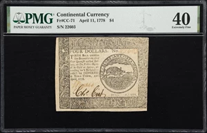 image for: CC-71. Continental Currency. April 11, 1778. $4. PMG Extremely Fine 40.