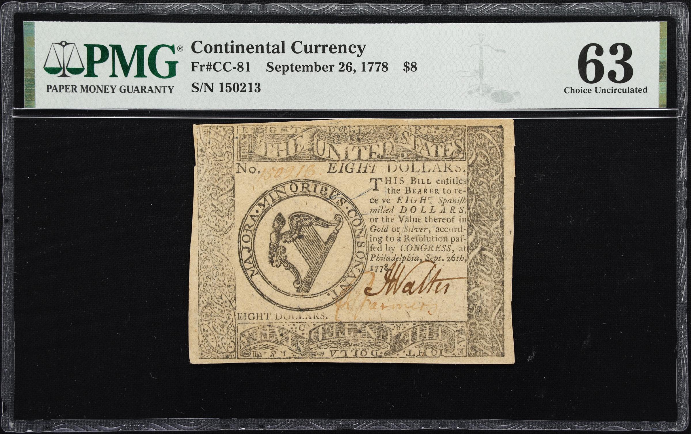 image for: CC-81. Continental Currency. September 26, 1778. $8. PMG Choice Uncirculated 63.