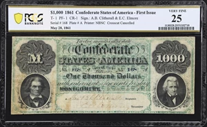 image for: T-1. Confederate Currency. 1861 $1000. PCGS Banknote Very Fine 25.