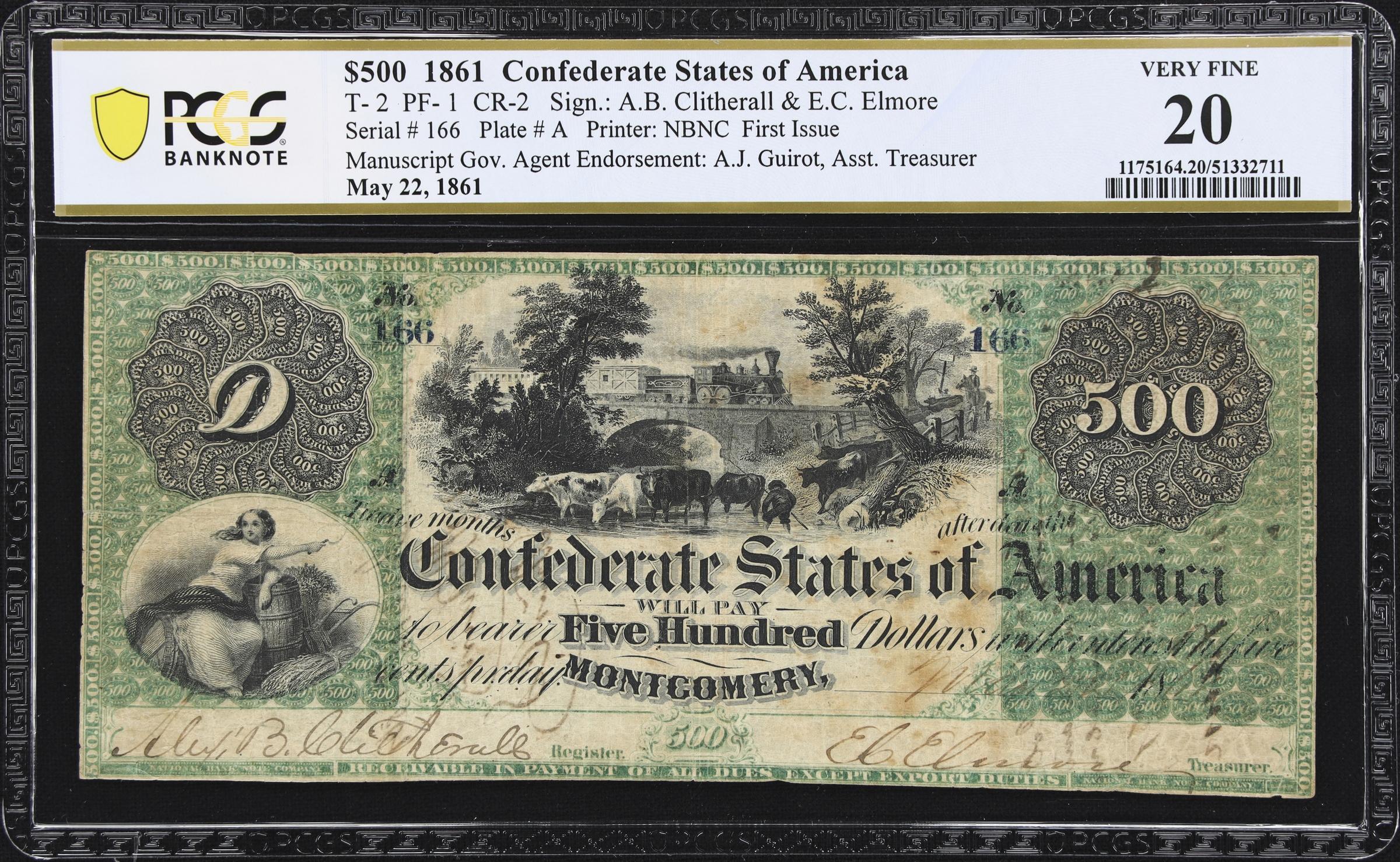 image for: T-2. Confederate Currency. 1861 $500. PCGS Banknote Very Fine 20. Penned Civilian Endorsements.