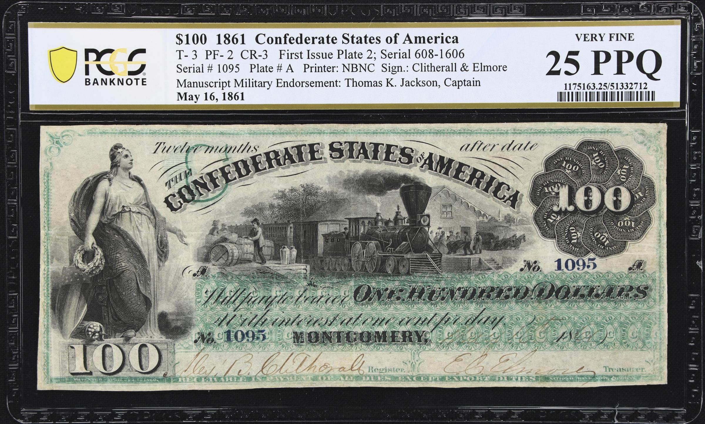image for: T-3. Confederate Currency. 1861 $100. PCGS Banknote Very Fine 25 PPQ. Penned Military Endorsement.