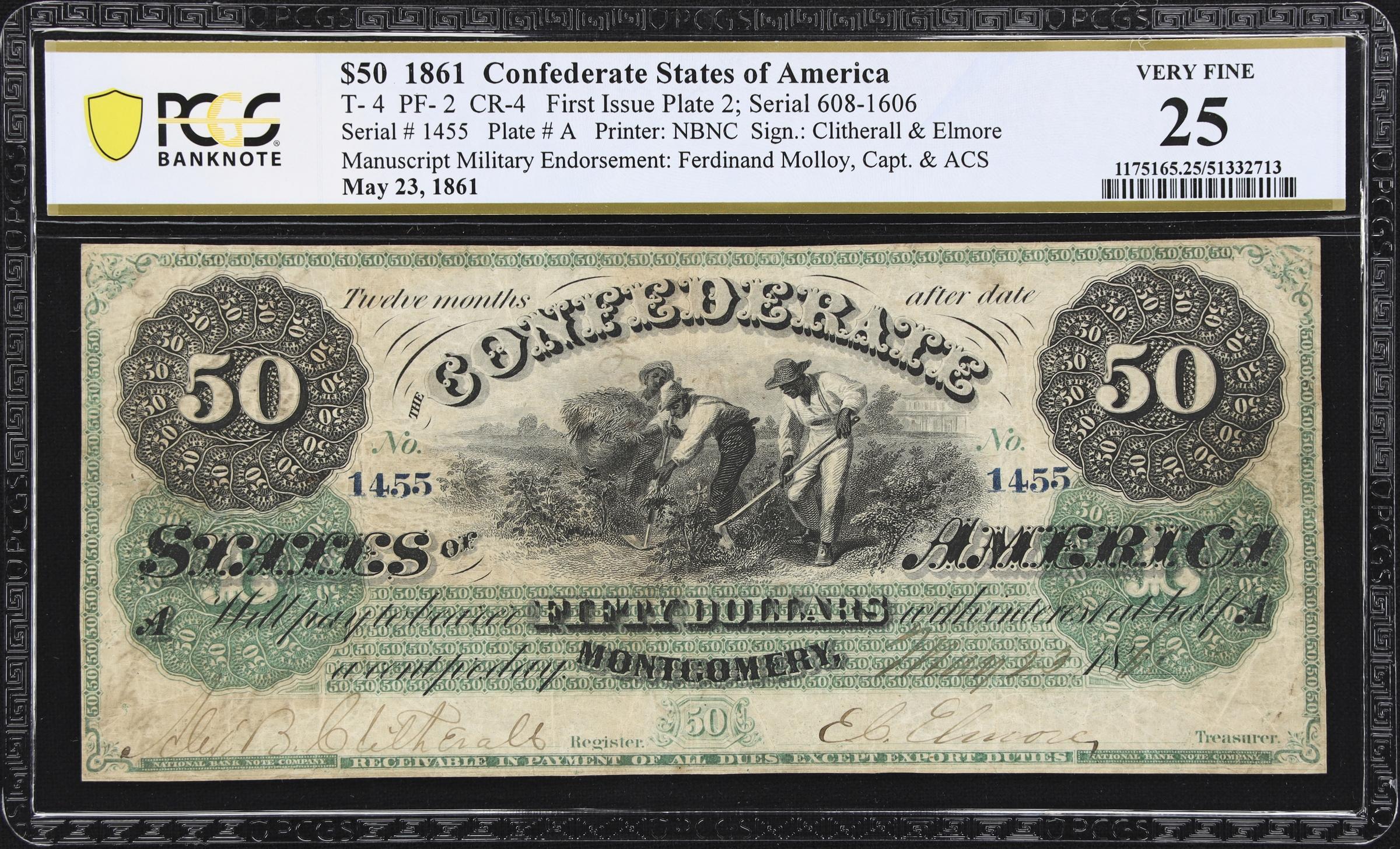 image for: T-4. Confederate Currency. 1861 $50. PCGS Banknote Very Fine 25. Penned Military Endorsement.