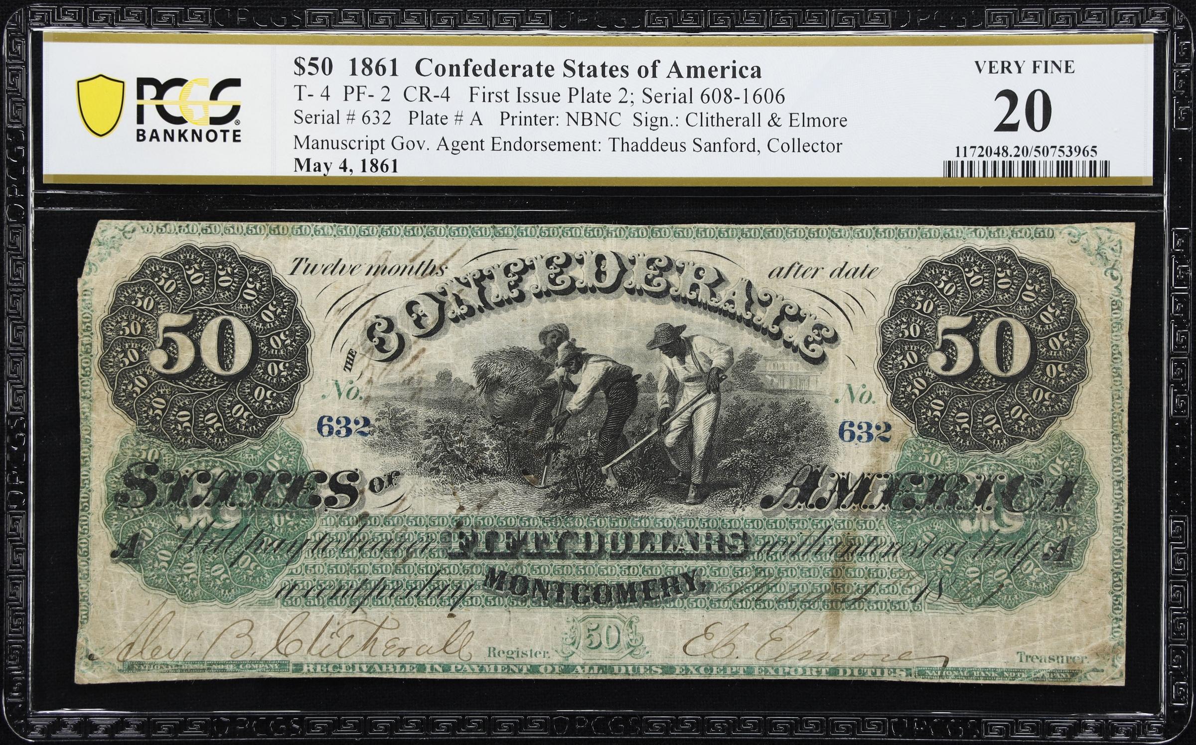 image for: T-4. Confederate Currency. 1861 $50. PCGS Banknote Very Fine 20. Penned Military Endorsement.
