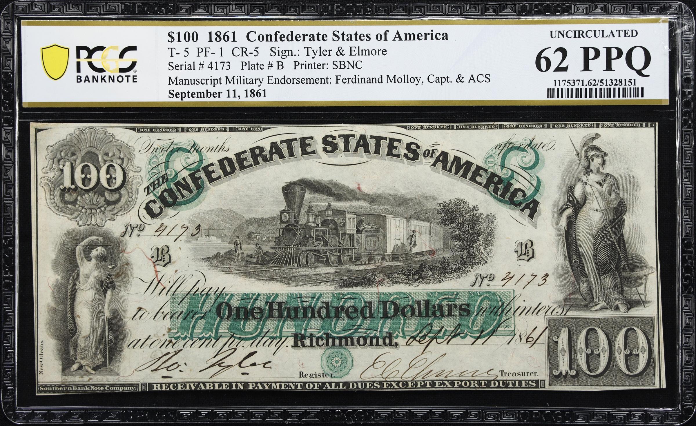 image for: T-5. Confederate Currency. 1861 $100. PCGS Banknote Uncirculated 62 PPQ. Penned Military Endorsement.