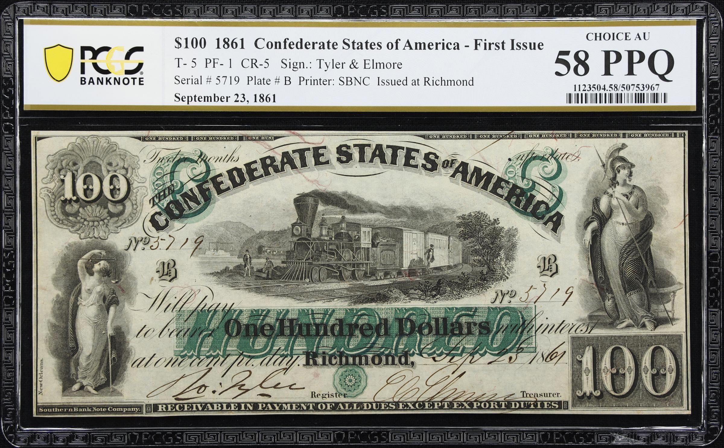 image for: T-5. Confederate Currency. 1861 $100. PCGS Banknote Choice About Uncirculated 58 PPQ.