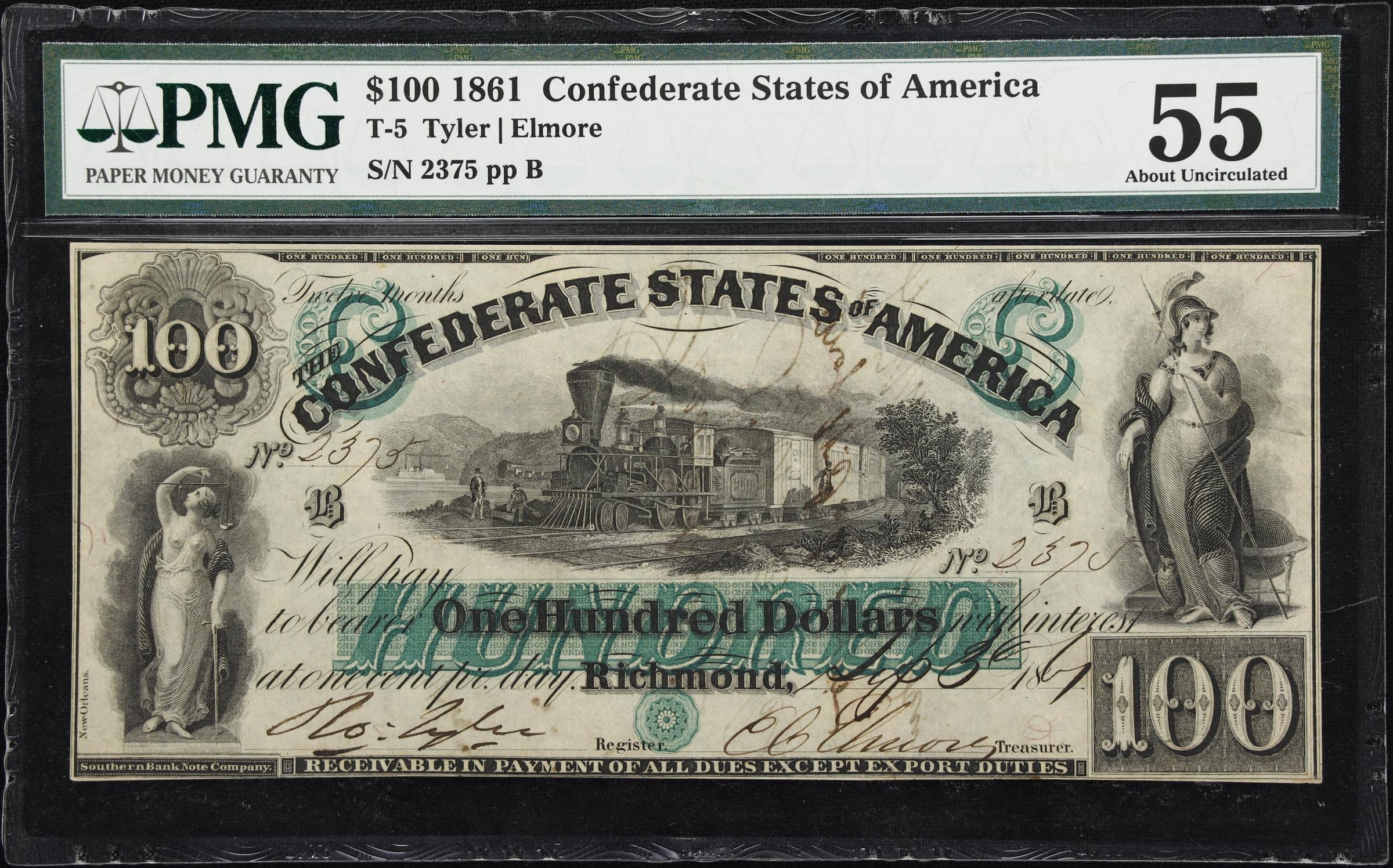 image for: T-5. Confederate Currency. 1861 $100. PMG About Uncirculated 55. Penned Military Endorsement.