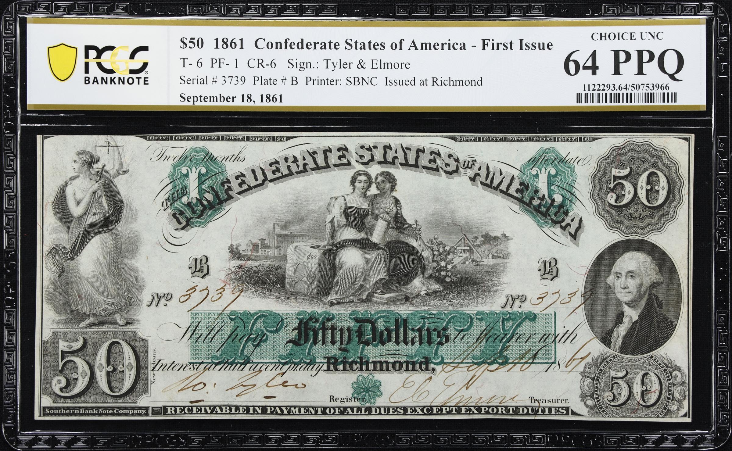 image for: T-6. Confederate Currency. 1861 $50. PCGS Banknote Choice Uncirculated 64 PPQ.