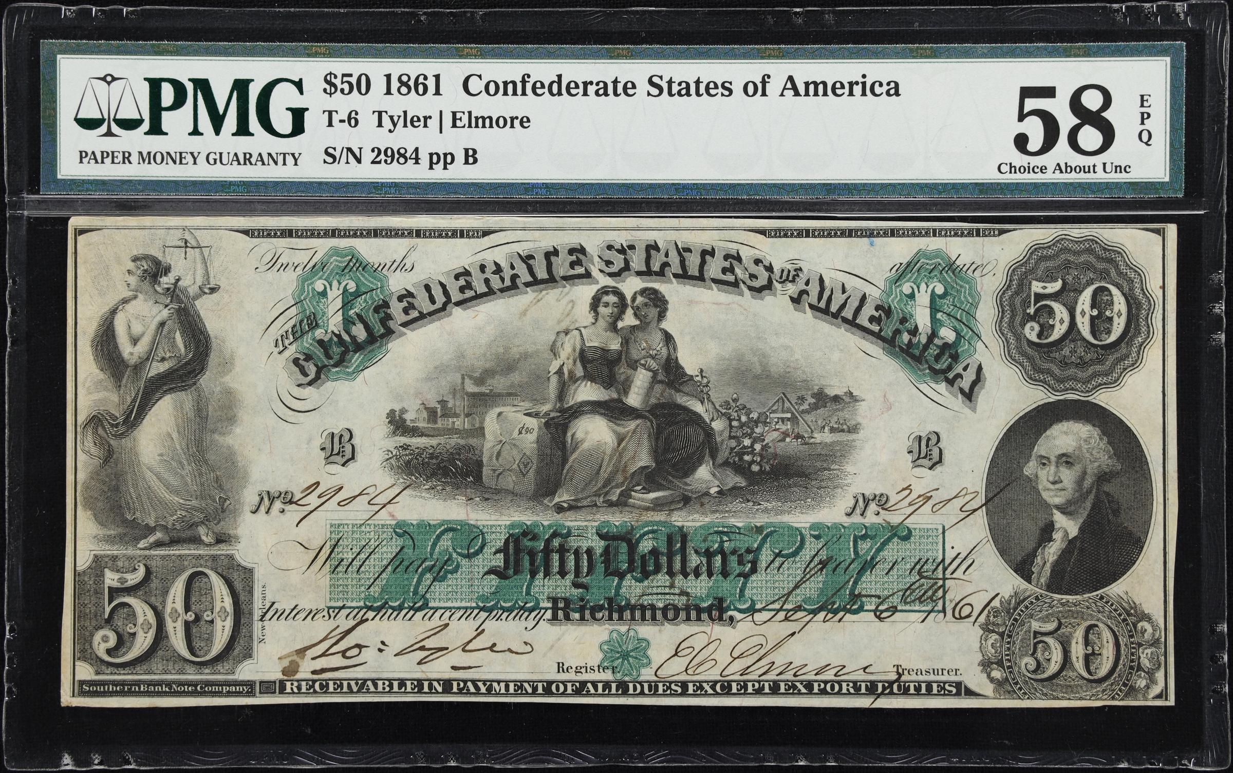 image for: T-6. Confederate Currency. 1861 $50. PMG Choice About Uncirculated 58 EPQ. Penned Military Endorsement.