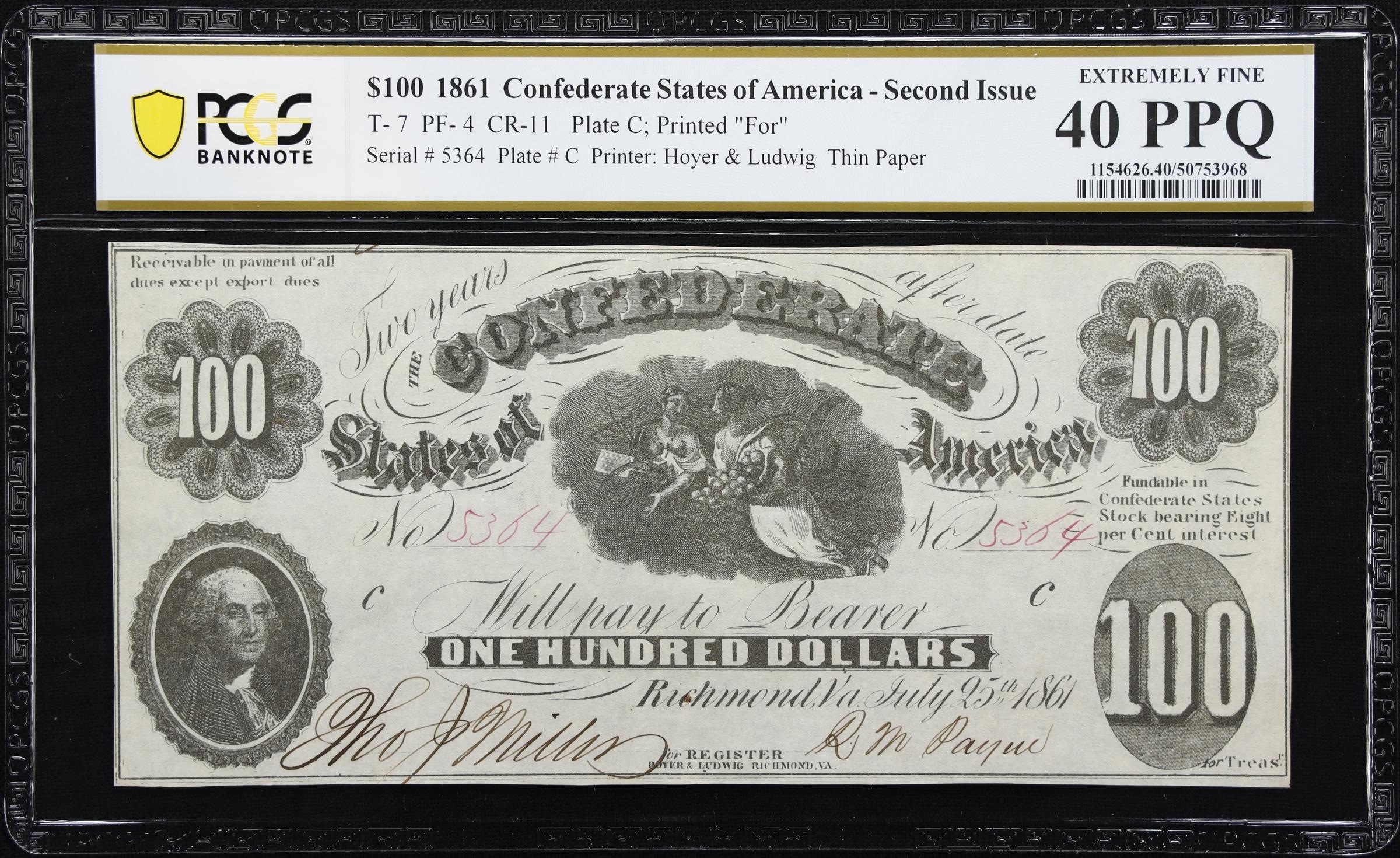 image for: T-7. Confederate Currency. 1861 $100. PCGS Banknote Extremely Fine 40 PPQ.