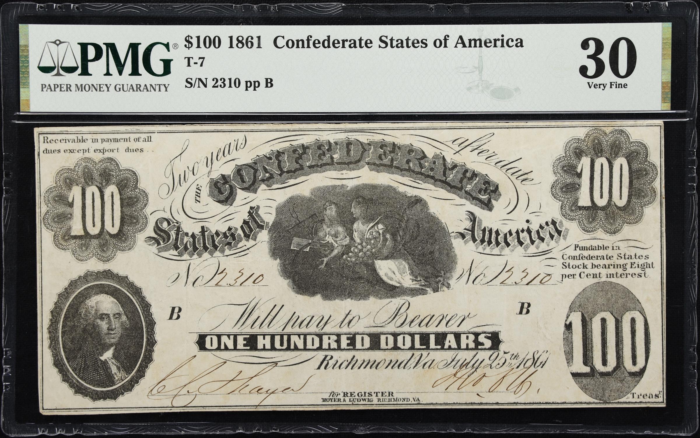 image for: T-7. Confederate Currency. 1861 $100. PMG Very Fine 30.
